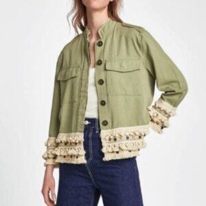 Zara Army Green Utility Jacket Pom Pom Coin Trim Size Small